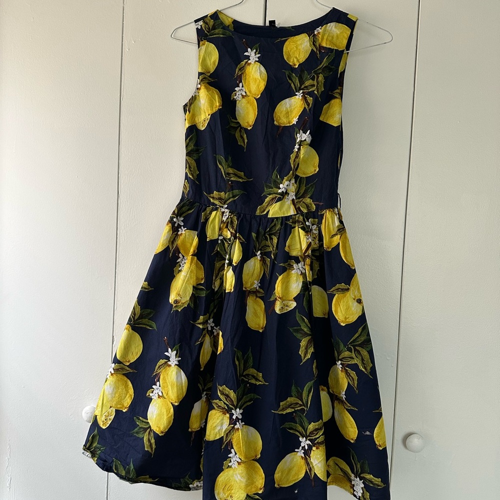 Navy and Yellow Lemon Print Casual Dress